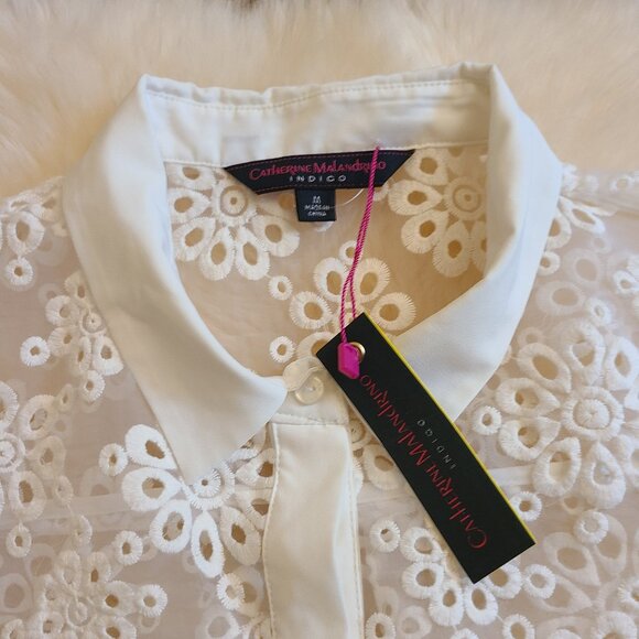 Catherine Malandrino Sheer Short Sleeve Button Down w/ Emroidered Floral Cutouts - Picture 7 of 8